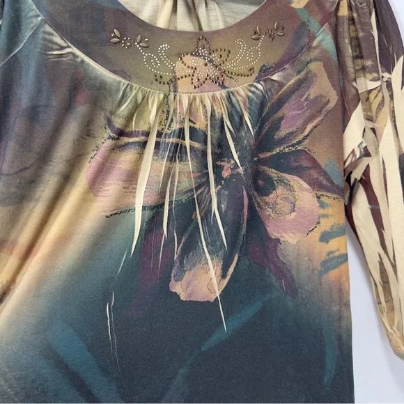 B.L.E.U. USA XL Elegant Floral Gold Stud Stretchy Women's Top Long Sleeve Shirt - Picture 5 of 15